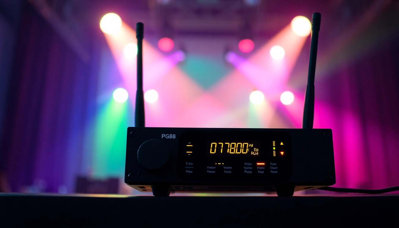 PG88 wireless microphone receiver with LED indicators and advanced controls for live sound applications, showcasing high-tech features and sleek design for professional audio setups.