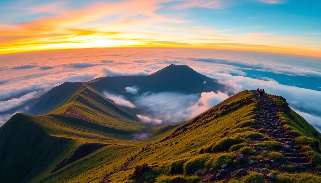 Majestic Mount Rinjani's active volcano with lush slopes and sunrise illumination, perfect for adventure seekers and travelers.