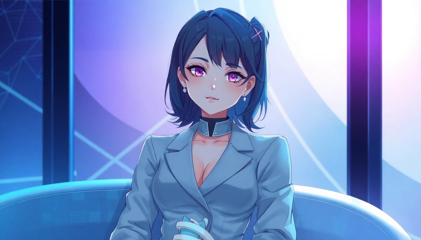Futuristic AI character sitting in a high-tech environment with glowing blue and violet lighting.