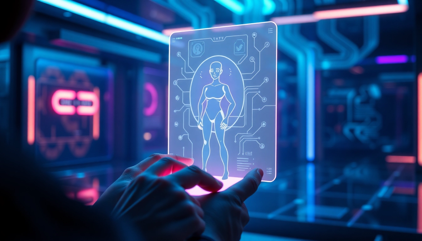 Futuristic AI chat interface with a humanoid avatar on a holographic screen in a tech-inspired environment.