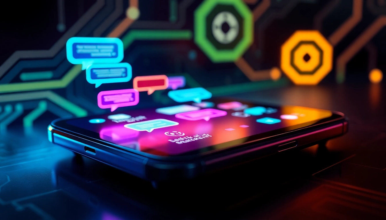 Futuristic AI chatbot interface on a modern device with colorful chat bubbles and neon lighting