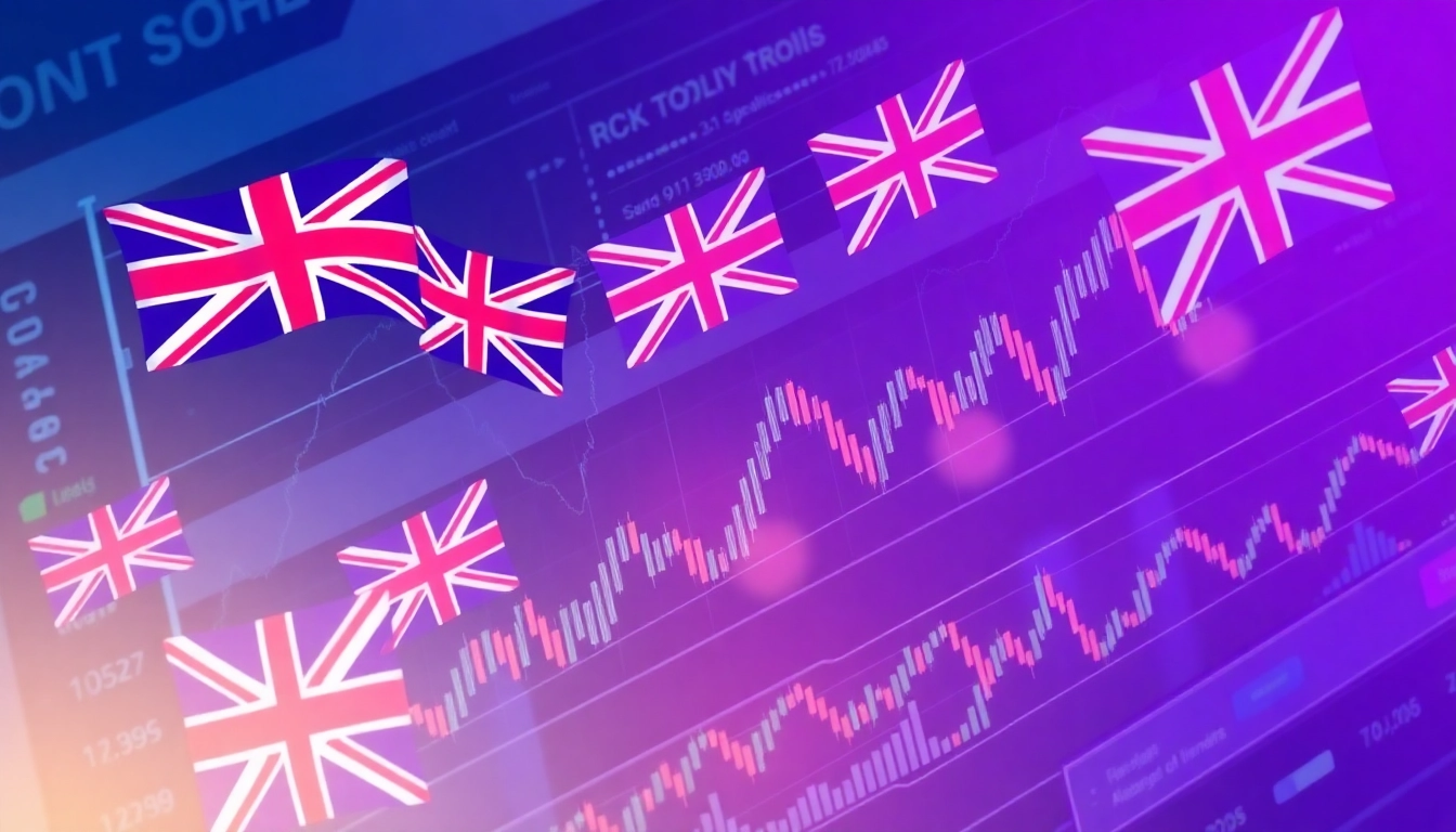 Online Stock Trading UK Traders using digital platforms with UK flags and stock charts for